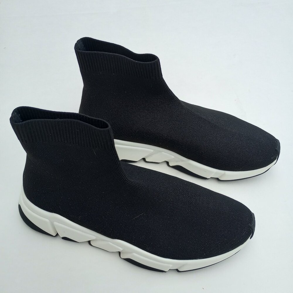 BLACK KNIT WHITE PULL ON  HIGH TOP SOCK SNEAKERS 7.5